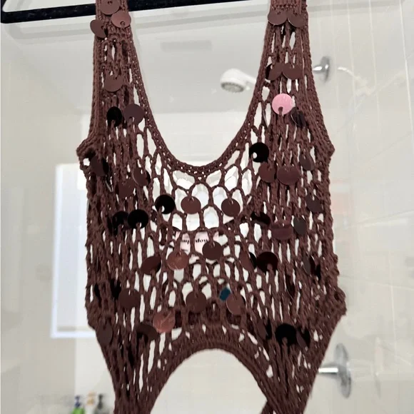 Superdown Chocolate Crochet Dress with Sequin Accents - Picture 4 of 6